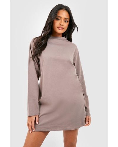 Boohoo Cotton Blend Long Sleeve T-shirt Dress - Brown