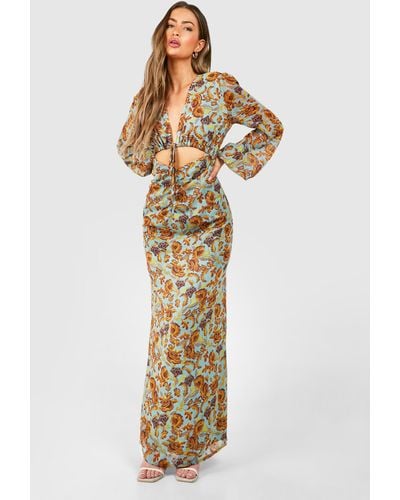 Boohoo Floral Rouched Cut Out Maxi Dress - Metallic