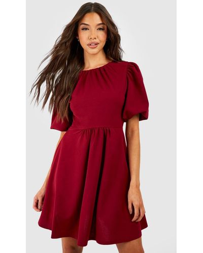 Boohoo Puff Sleeve Rouched Skater Dress - Red