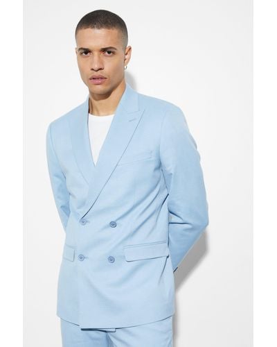 Boohoo Slim Double Breasted Linen Suit Jacket - Blue