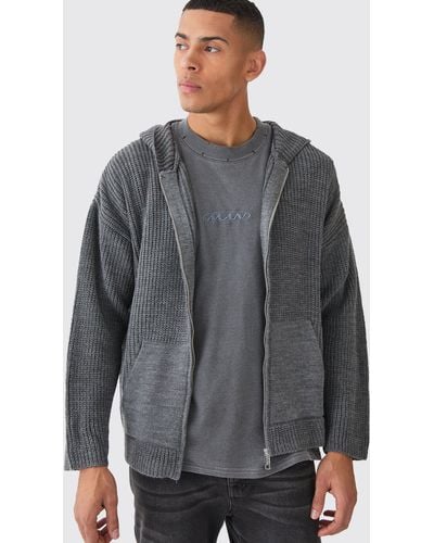 Boohoo Boxy Ribbed Knitted Zip Through Hoodie - Gray