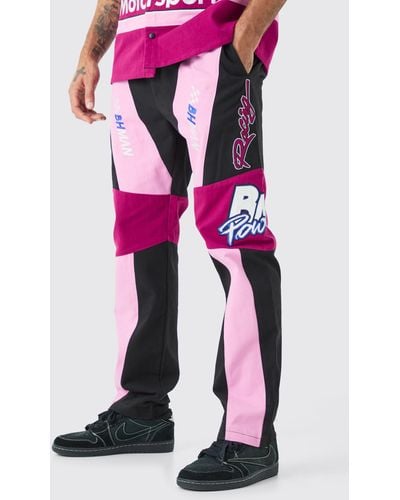 BoohooMAN Fixed Waist Straight Twill Moto Badge Trouser - Pink