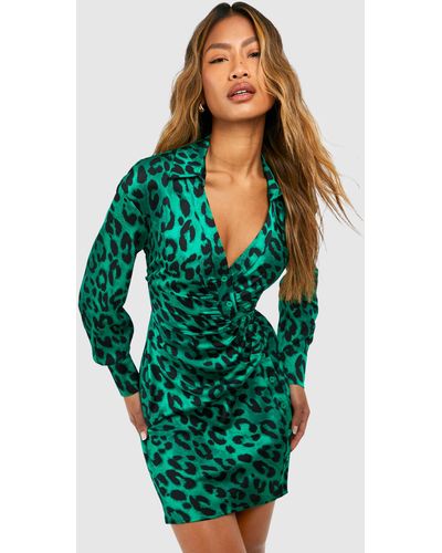 Boohoo Leopard Button Down Shirt Dress - Green