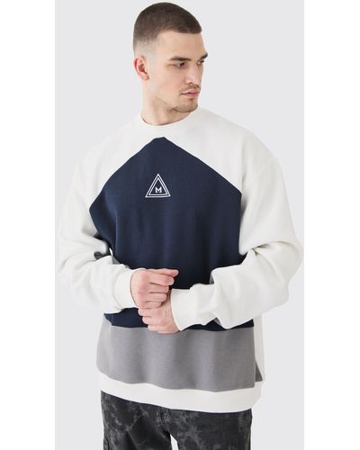 Boohoo Tall Oversized Color Block Branded Sweatshirt In Navy - Blue