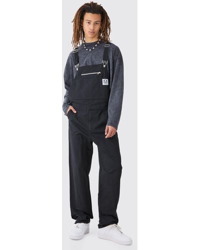 BoohooMAN Washed Twill Branded Zip Carpenter Relaxed Fit Dungarees - Blau
