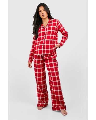 Boohoo Maternity Check Brushed Button Up Pj Set - Red