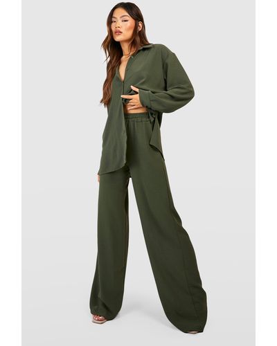 Boohoo Textured Relaxed Fit Wide Leg Pants - Green