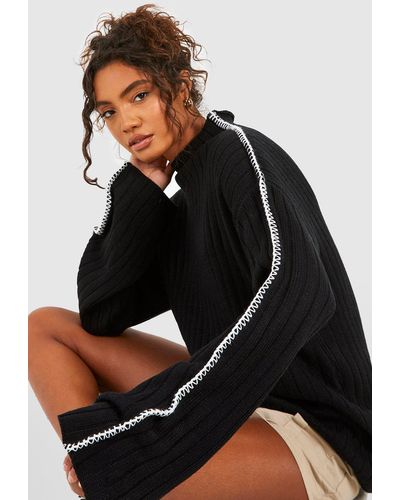 Boohoo Tall Whipstitch Funnel Neck Rib Knitted Sweater - Black