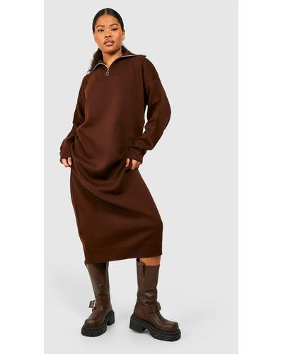 Boohoo Petite Half Zip Sweater Midi Dress - Brown