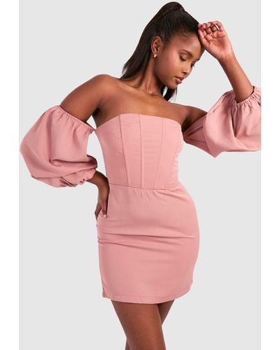 Boohoo Corset Puff Sleeve Mini Dress - Pink