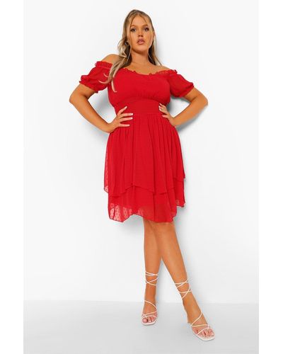 Boohoo Plus Off The Shoulder Dobby Skater Dress - Red