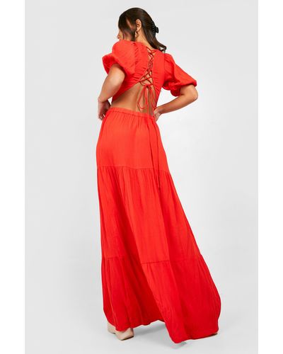 Boohoo Tall Crinkle Tie Detail Crop And Maxi Skirt Set - Red