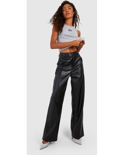 Boohoo Tall Leather Look Relaxed Fit Straight Leg Pants - Black