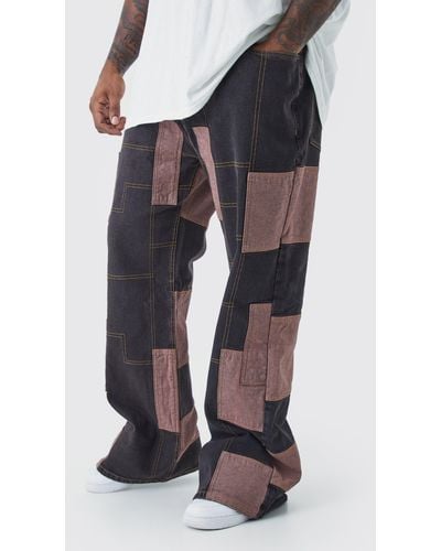 Boohoo Plus Relaxed Rigid Flare Patchwork Jeans - Brown