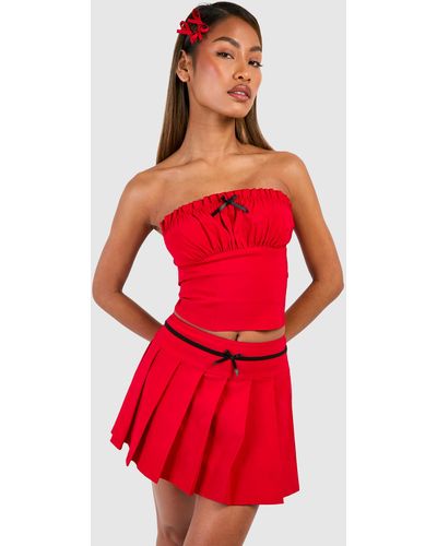 Boohoo Pleated Bow Detail Micro Mini Skirt - Rojo