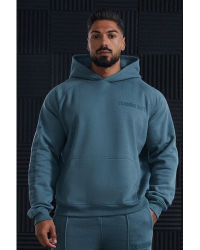 BoohooMAN Tall Active Training Dept Oversized Boxy Hoodie - Blue