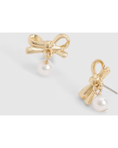 Boohoo Bow & Pearl Drop Earrings - Metálico
