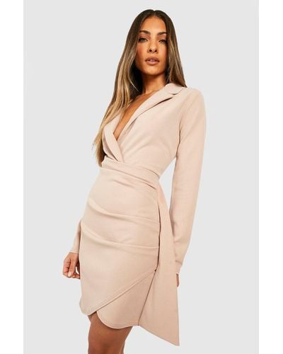 Boohoo Wrap Detail Fitted Blazer Dress - Natural
