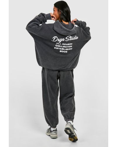 Boohoo Petite Acid Wash Dsgn Studio Back Print Tracksuit - Black