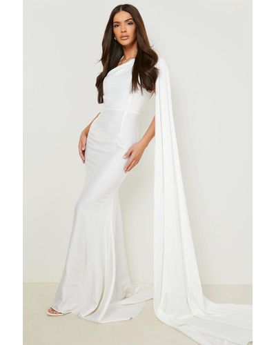 Boohoo Satin Asymmetric Drape Fishtail Maxi Dress - White