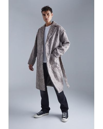 BoohooMAN Longline Brushed Wool Look Belted Overcoat - Gray