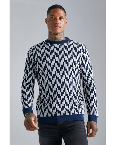 BoohooMAN Geo Square Smart Knitted Sweater - Blue