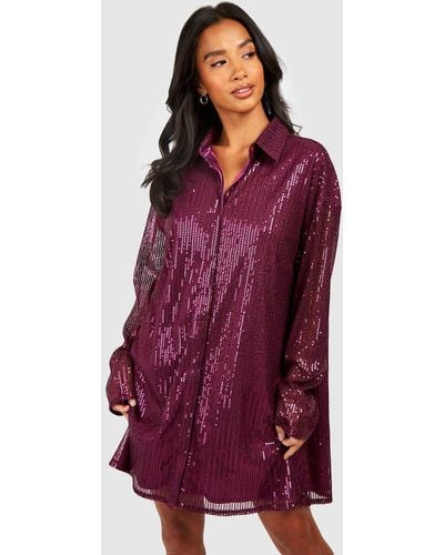 Boohoo Petite Sequin Shirt Dress - Purple