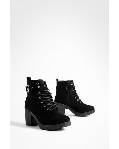Boohoo Buckle Lace Up Chunky Hiker Boots - Black
