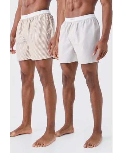 BoohooMAN 2 Pack Limited Stripe Woven Boxer Shorts - White