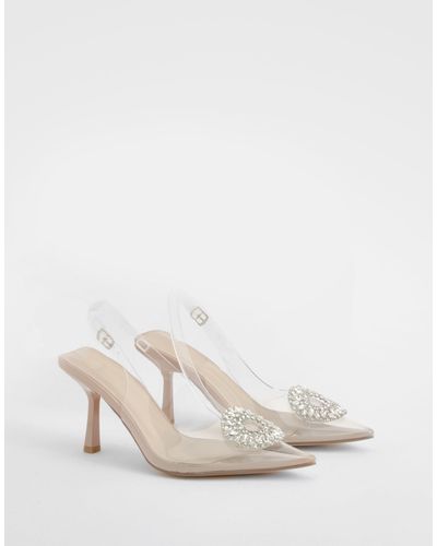 Boohoo Embellished Detail Clear Slingback Court Heel - White