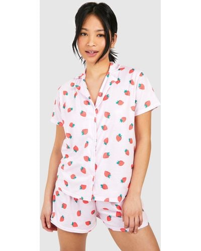 Boohoo Petite 3 Piece Strawberry Short Pyjama Set - Blanco
