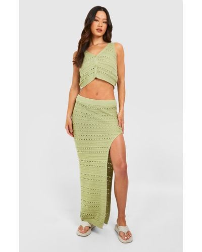 Boohoo Tall Crochet Tank And Split Maxi Skirt Set - Green