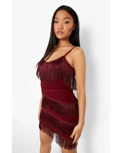 Boohoo Petite Premium All Over Tassel Bodycon Mini Dress - Red