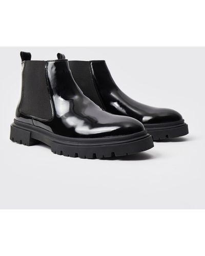 BoohooMAN Lack Chelsea-Stiefel mit dicker Sohle - Schwarz