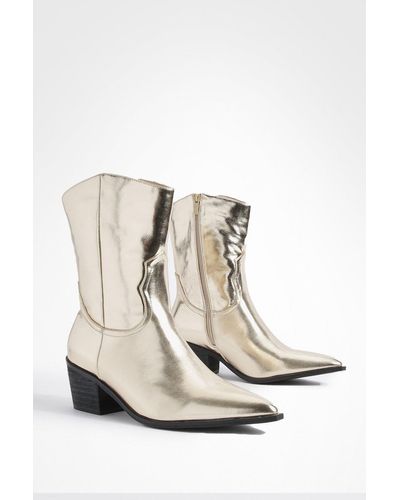 Boohoo Wide Fit Metallic Western Ankle Cowboy Boots - Natural