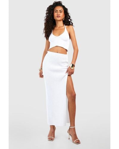 Boohoo Knitted Halter Crop Bralette And Maxi Split Skirt Set - White