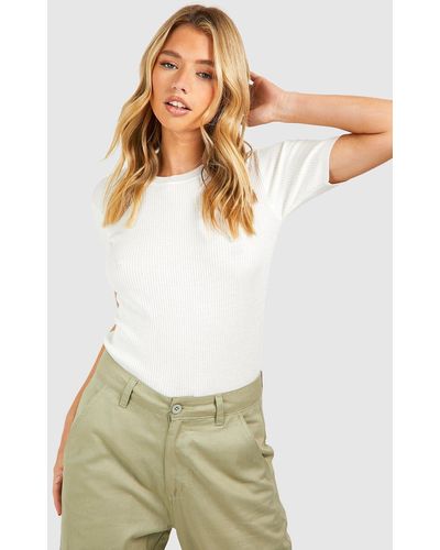 Boohoo Rib Knit Crew Neck Short Sleeve Knitted Top - White