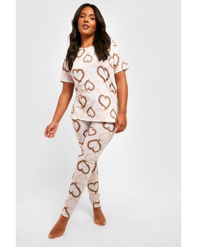 Boohoo Plus Tonal Heart Print Top & Leggings Pyjama Set - White
