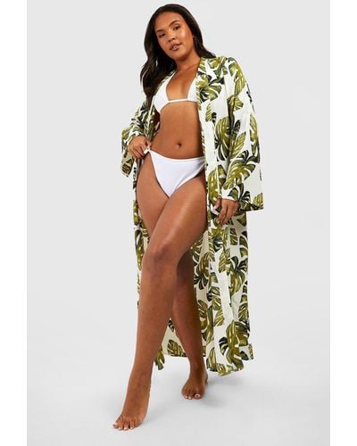 Boohoo Kimono Plus Con Estampado De Palmeras - Blanco