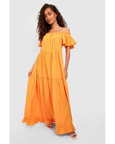 Boohoo Off The Shoulder Ruffle Hem Maxi Dress - Orange