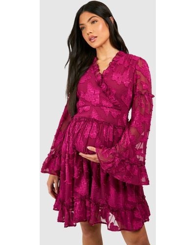 Boohoo Maternity Floral Jacquard Wrap Smock Mini Dress - Red