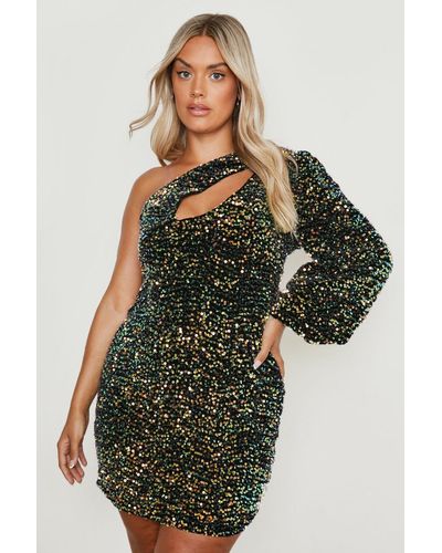 Boohoo Plus Sequin Cut Out One Shoulder Dress - Green
