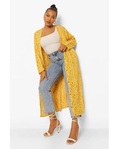 Boohoo Kimono Plus Con Florecillas - Amarillo