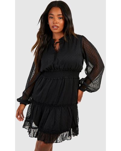 Boohoo Plus Dobby Mesh Tie Detail Skater Dress - Black