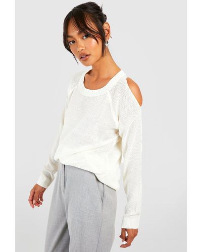 Boohoo Cold Shoulder Moss Stitch Sweater - White