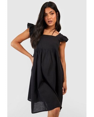 Boohoo Maternity Linen Frill Sleeve Smock Dress - Black