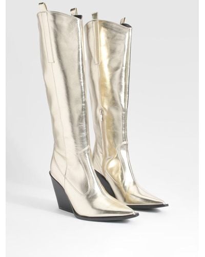 Boohoo Wide Fit Wedged Western Cowboy Boots - White