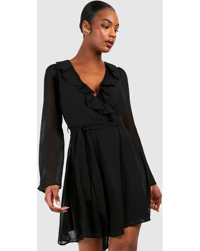 Boohoo Tall Chiffon Ruffle Wrap Skater Dress - Black