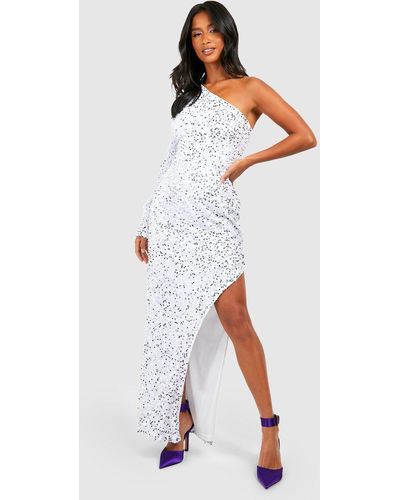 Boohoo Petite Velvet Sequin Asymmetric Maxi Dress - White