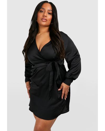 Boohoo Plus Wrap Satin Dress - Negro